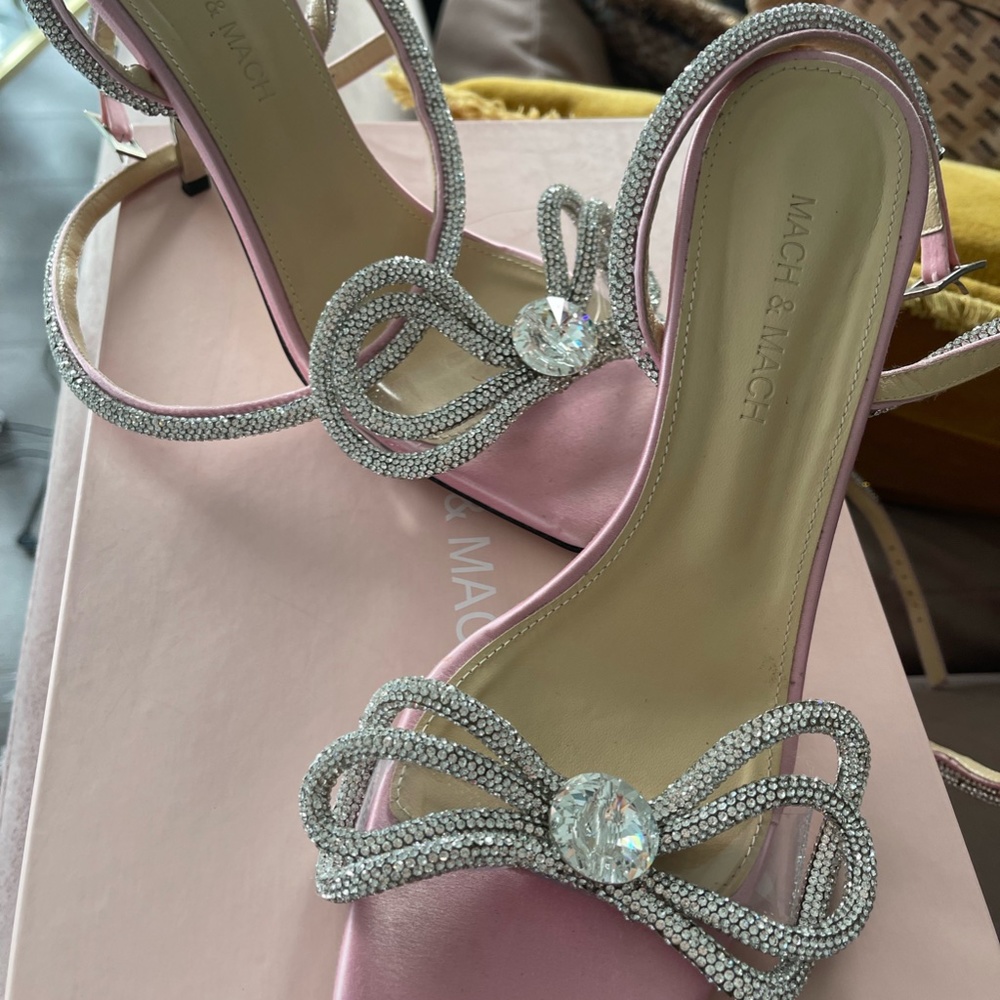 Mach & Mach Pink Double Crystal Bow Square Toe Sandal Size 37.5 - Picture 4 of 6